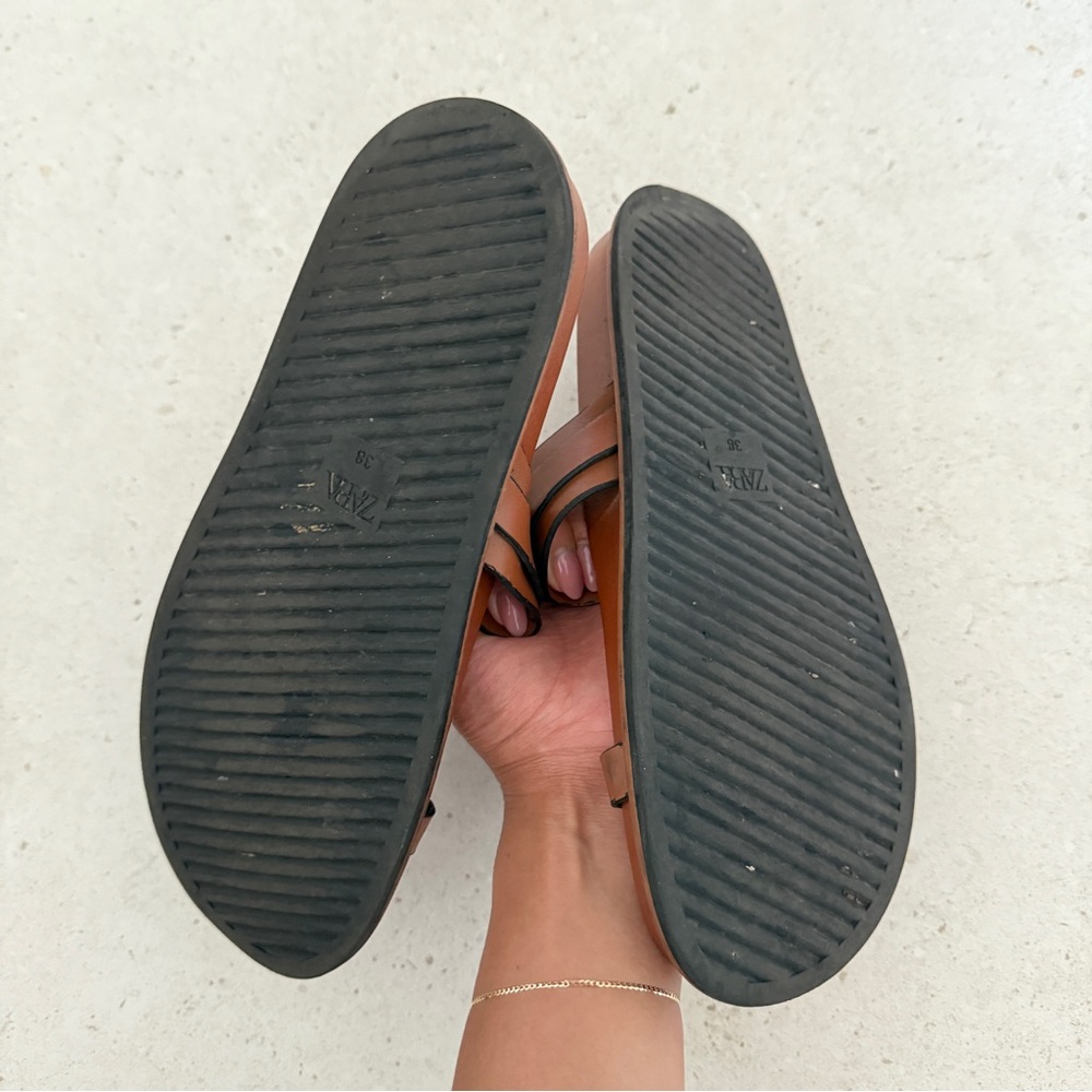 Zara Tan Leather Slide Sandals with Gold Buckles - Picture 5 of 5